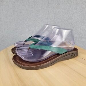 Chaco Flip Flops Womens 7 Aqua‎ Blue Brown Leather Locavore Thong Casual Summer
